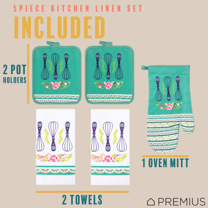 PREMIUS 5 Piece Printed Kitchen Linen Set, 2 Cotton Towels, 2 Pot Holders, 1 Oven Mitt