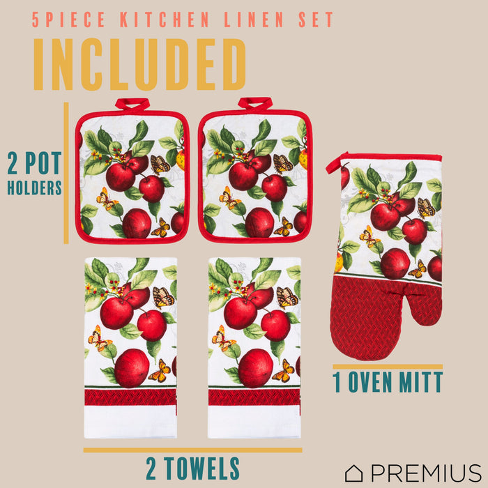 PREMIUS 5 Piece Printed Kitchen Linen Set, 2 Cotton Towels, 2 Pot Holders, 1 Oven Mitt