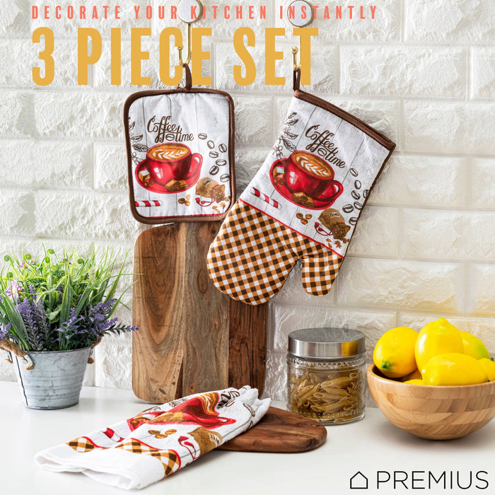 PREMIUS 3 Piece Printed Kitchen Linen Set, 1 Cotton Towel, 1 Pot Holder, 1 Oven Mitt