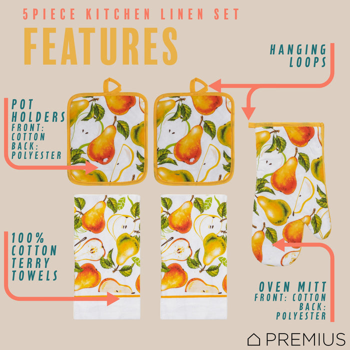 PREMIUS 5 Piece Printed Kitchen Linen Set, 2 Cotton Towels, 2 Pot Holders, 1 Oven Mitt