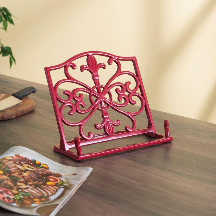 Home Basics Cast Iron Fleur De Lis Cookbook Stand, Red, 10.5x5.5x9 Inches