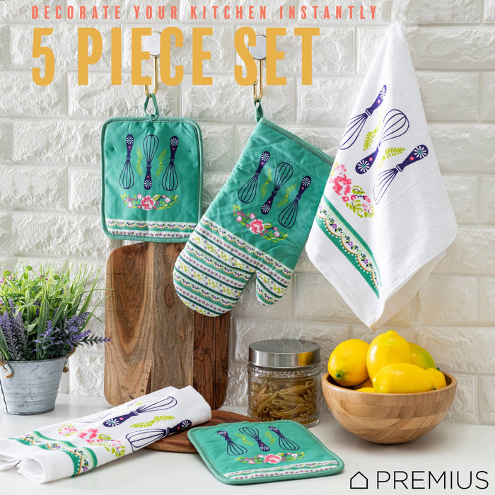 PREMIUS 5 Piece Printed Kitchen Linen Set, 2 Cotton Towels, 2 Pot Holders, 1 Oven Mitt