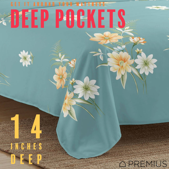 PREMIUS Lucea Soft Wrinkle-Free Microfiber Sheet Set, Soft Blue-Orange