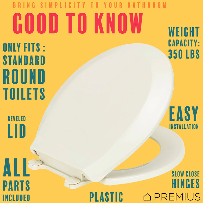 PREMIUS Slow Close Beveled Plastic Toilet Seat, Standard Round, 17 Inches