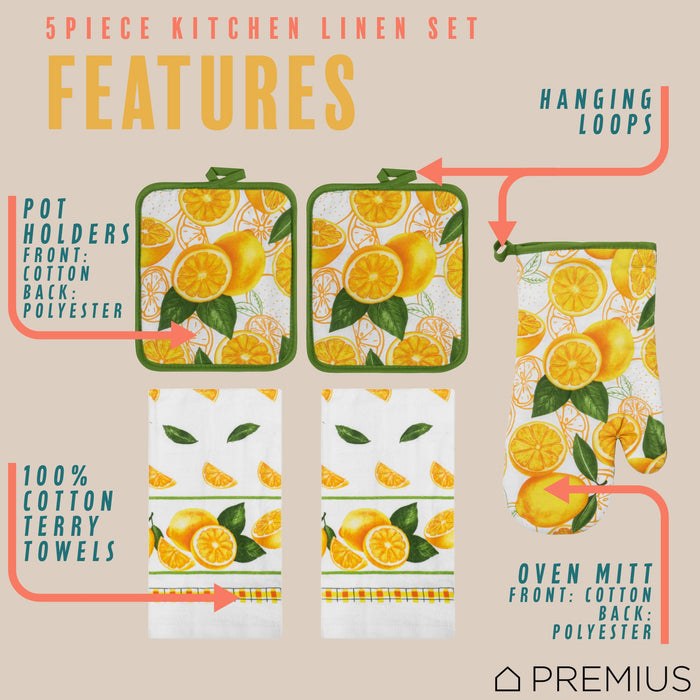 PREMIUS 5 Piece Printed Kitchen Linen Set, 2 Cotton Towels, 2 Pot Holders, 1 Oven Mitt