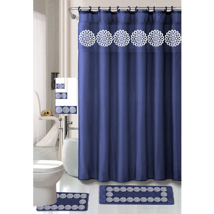 Cynthia 18 Piece Shower Curtain with Embroidered Non-Slip Bath Rug and Towel Set