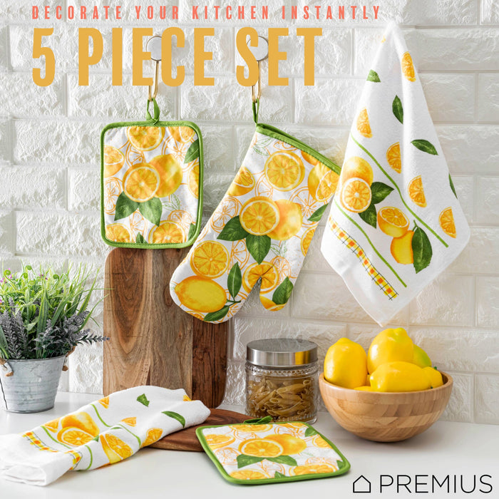 PREMIUS 5 Piece Printed Kitchen Linen Set, 2 Cotton Towels, 2 Pot Holders, 1 Oven Mitt