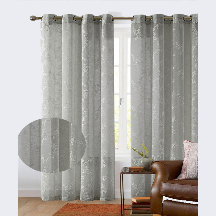 Cooper Leaf Embroidered Sheer Grommet Window Curtain Panel, 54x84 Inches