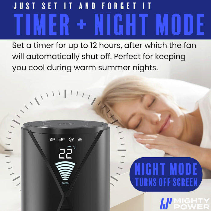 MIGHTY POWER 3 Speed LED Tower Fan With Remote Control, Timer, Night Mode, Black, 38 Inches