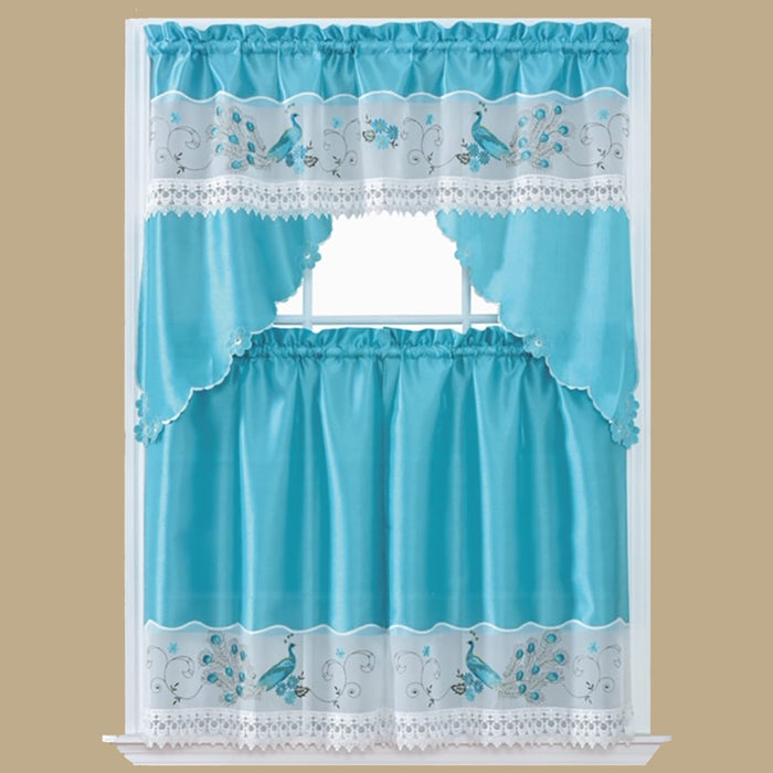 Peacock 3-Piece Embroidered Kitchen Curtain Tier and Swag Set, Blue-White, 60x36 Inches