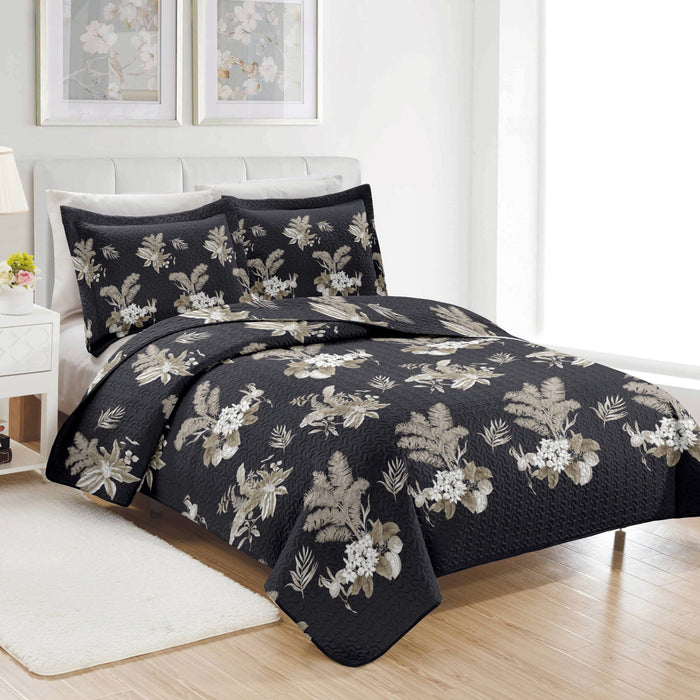 PREMIUS Mia 3 Piece Microfiber Wrinkle-Free Quilt Set, Black-Taupe