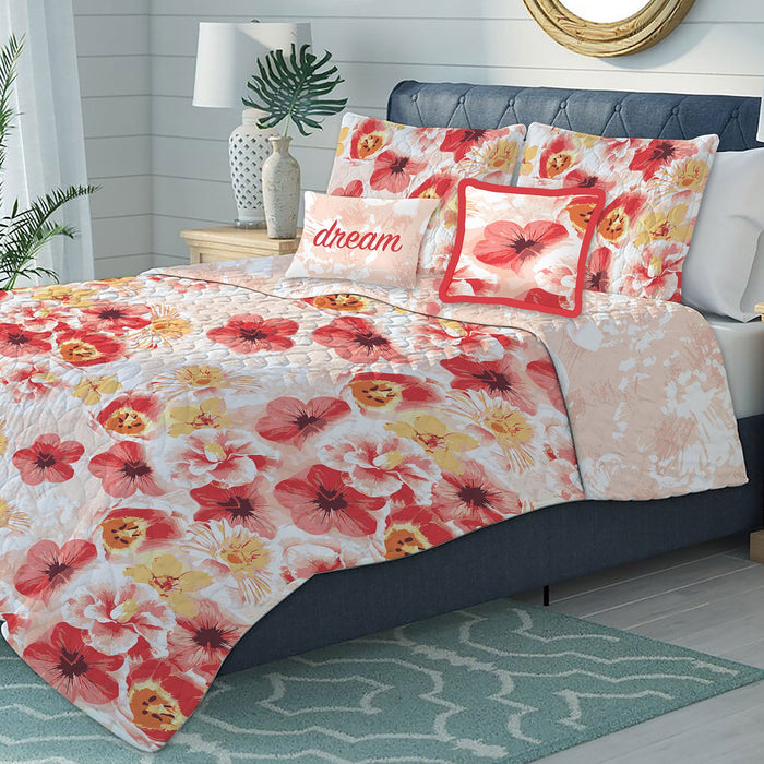 Antonia Oversized 5-Piece Floral Reversible Quilt Set, Orange