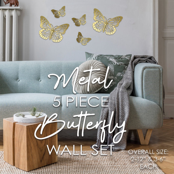 PREMIUS 5 Piece Metal Butterfly Wall Decor Set, White-Silver, (3) 6 Inches, (2) 12 Inches