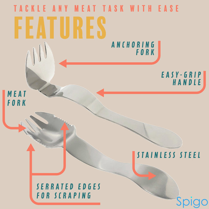 Spigo 2-Piece Multi-Purpose Pulled Meat Shredder Fork Set, Silver, 7.9 Inches