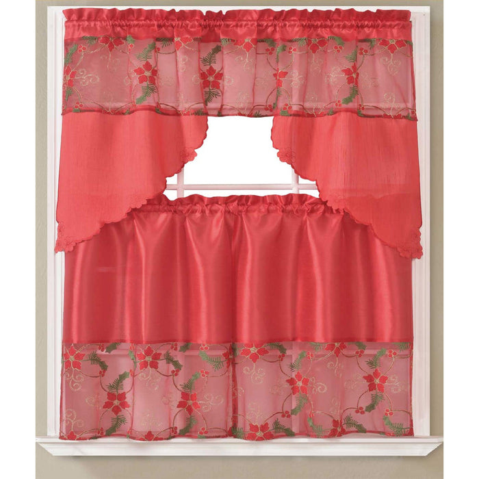 Noella Poinsettia Floral Kitchen Curtain Set with Fringes, Red, Swag Valance 60x36, Tiers 30x36 Inches