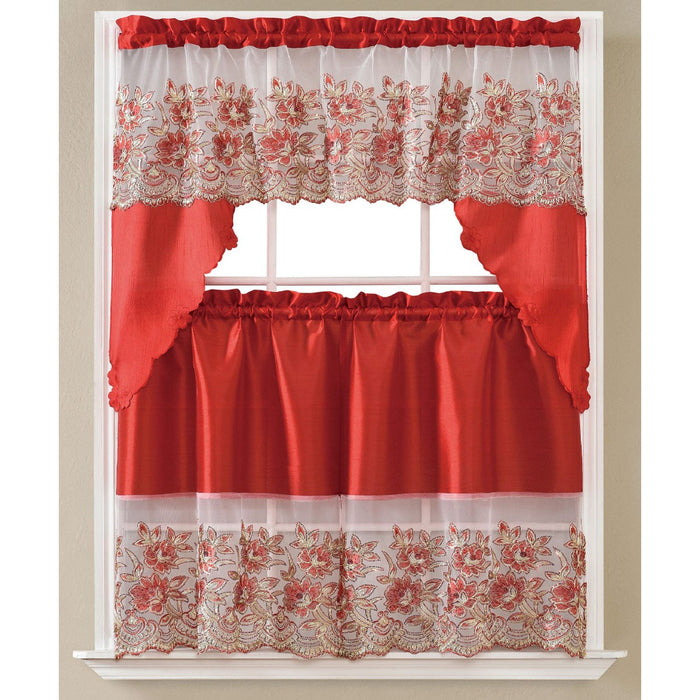 Phoebe Sequin Embroidered Kitchen Curtain Set, Swag 60x36, Tiers 30x36 Inches