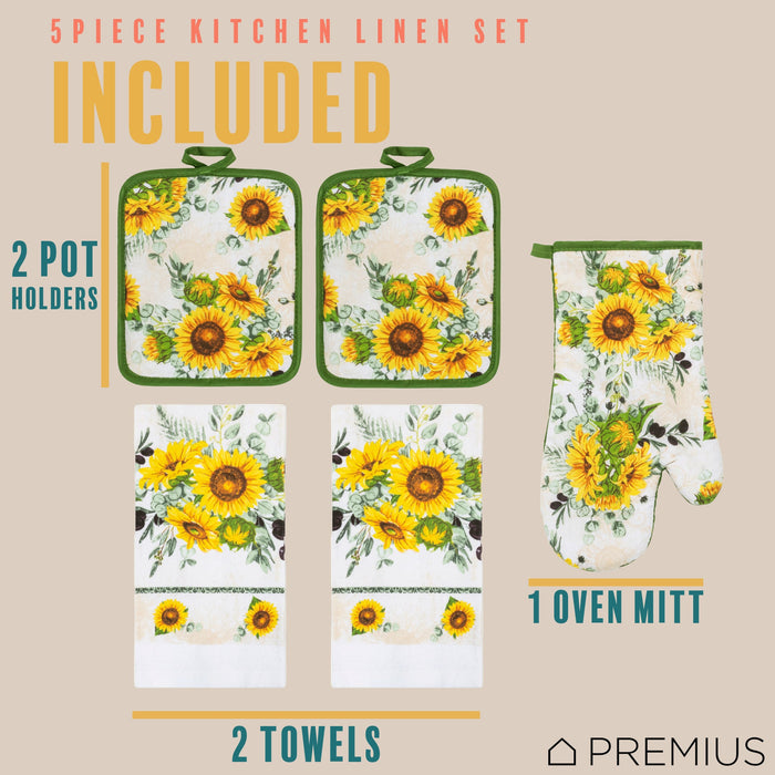 PREMIUS 5 Piece Printed Kitchen Linen Set, 2 Cotton Towels, 2 Pot Holders, 1 Oven Mitt