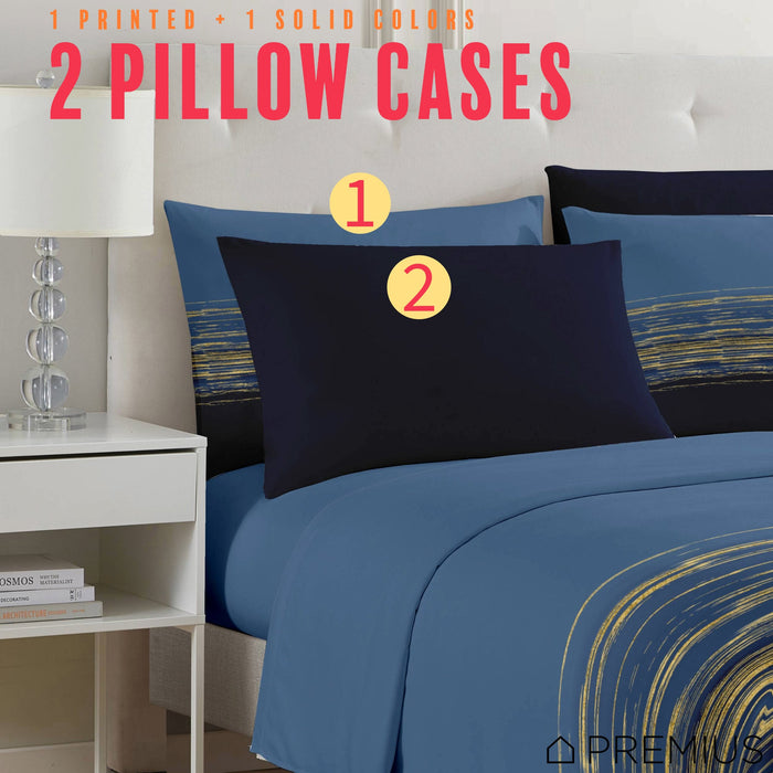 PREMIUS Leo Soft Wrinkle-Free Microfiber Sheet Set, Navy-Gold