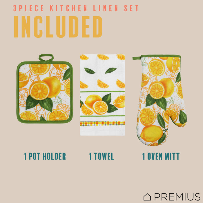 PREMIUS 3 Piece Printed Kitchen Linen Set, 1 Cotton Towel, 1 Pot Holder, 1 Oven Mitt