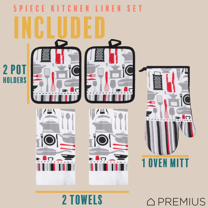 PREMIUS 5 Piece Printed Kitchen Linen Set, 2 Cotton Towels, 2 Pot Holders, 1 Oven Mitt