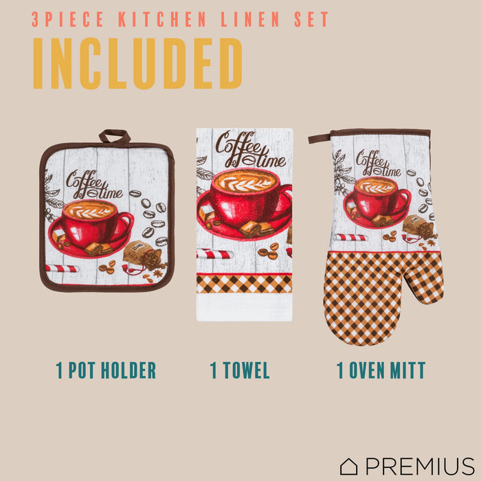 PREMIUS 3 Piece Printed Kitchen Linen Set, 1 Cotton Towel, 1 Pot Holder, 1 Oven Mitt