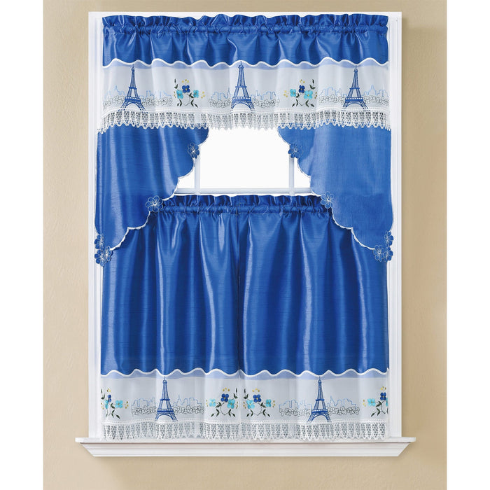 Esty Paris embroidered Kitchen Curtain Set, Blue, Swag 60x36, 30x36 Inches