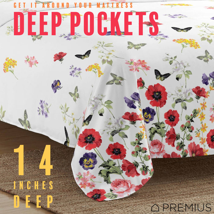 PREMIUS Butterfly Soft Wrinkle-Free Microfiber Sheet Set, White-Multi