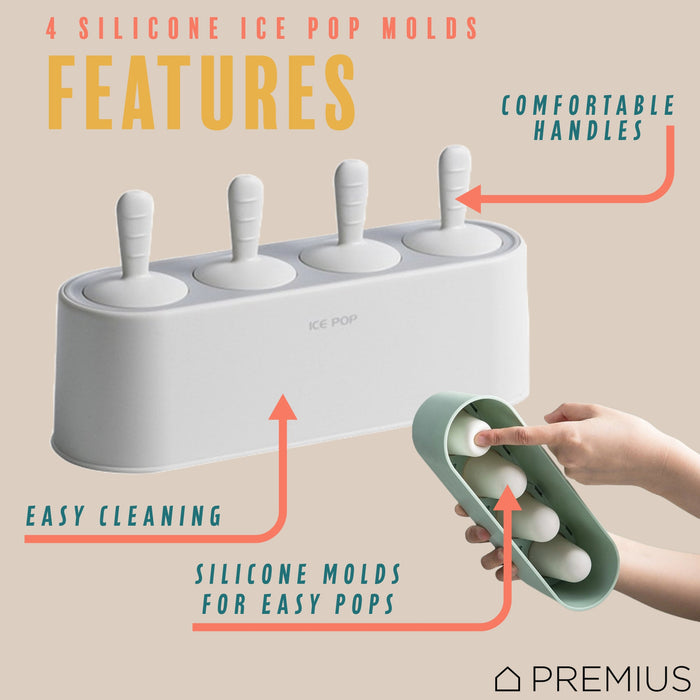 PREMIUS 4 Silicone Ice Pop Maker Mold Set, White, 9.25x2.95x4.52 Inches