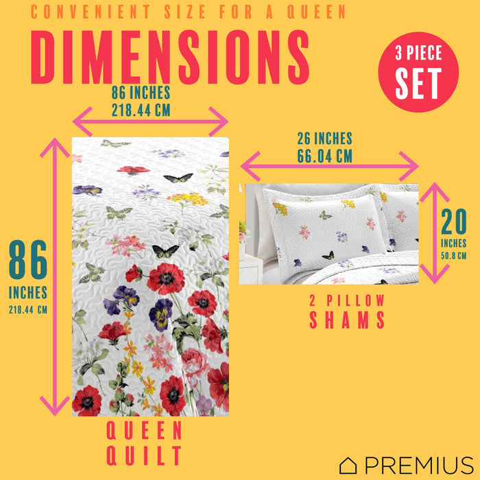 PREMIUS Butterfly 3 Piece Microfiber Wrinkle-Free Quilt Set, White-Multi