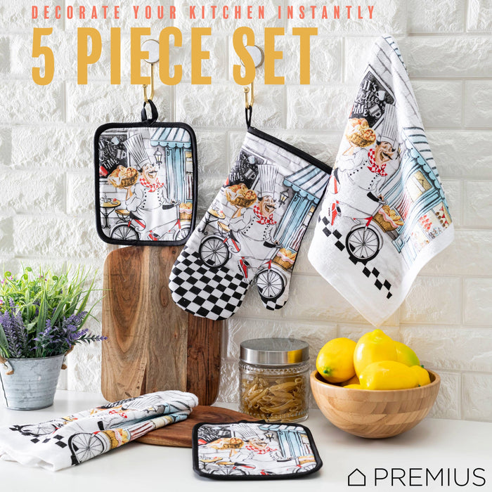 PREMIUS 5 Piece Printed Kitchen Linen Set, 2 Cotton Towels, 2 Pot Holders, 1 Oven Mitt