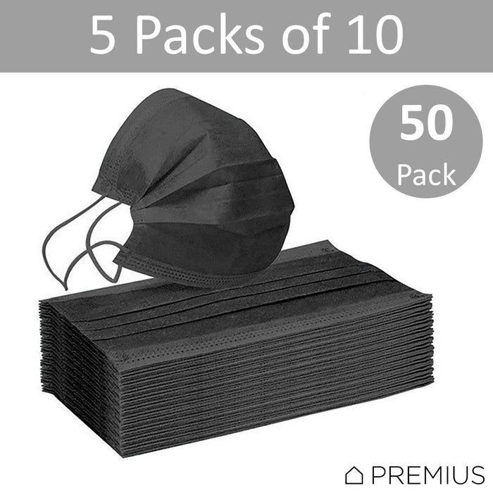 Premius Protective Disposable Face Mask, Elastic Band, Black, Metal Nose Wire, 50-Pack