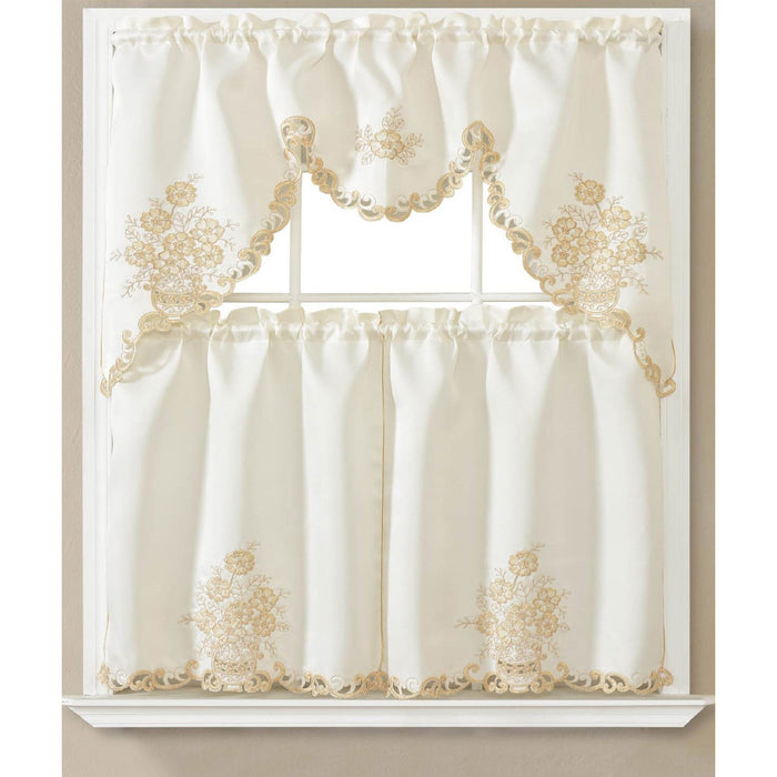 Lucy 3 Piece Embroidered Kitchen Curtain Set, Beige-Gold, Swag 60x36, Tiers 30x36 Inches