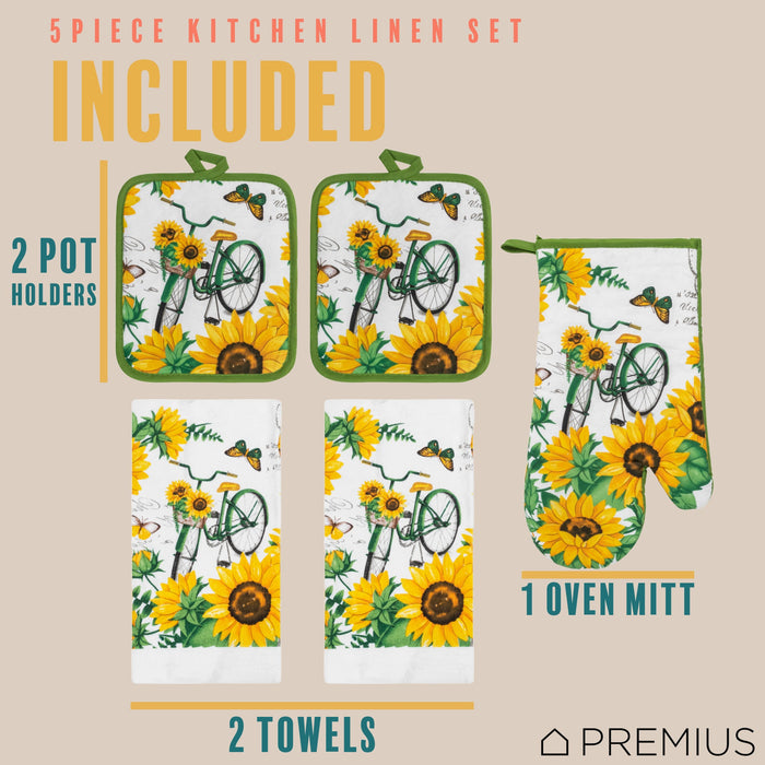 PREMIUS 5 Piece Printed Kitchen Linen Set, 2 Cotton Towels, 2 Pot Holders, 1 Oven Mitt