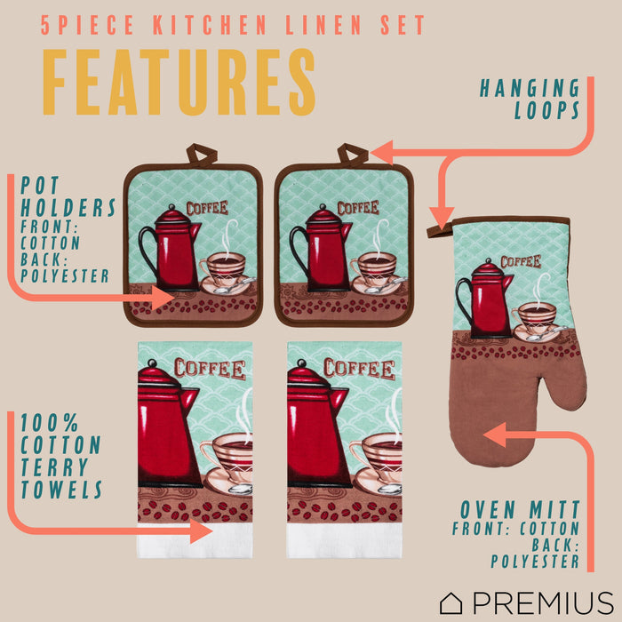 PREMIUS 5 Piece Printed Kitchen Linen Set, 2 Cotton Towels, 2 Pot Holders, 1 Oven Mitt