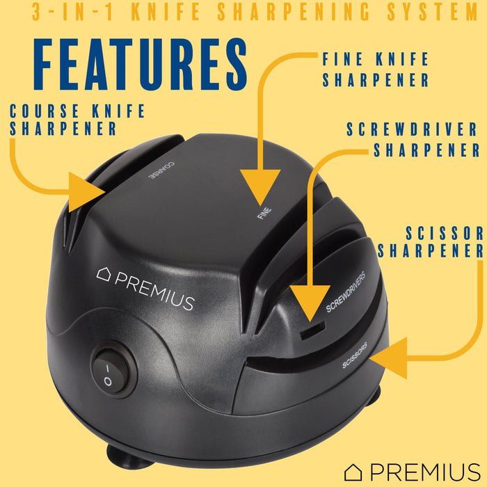 PREMIUS Compact 3-in-1 Electric Knife Sharpener System, Black