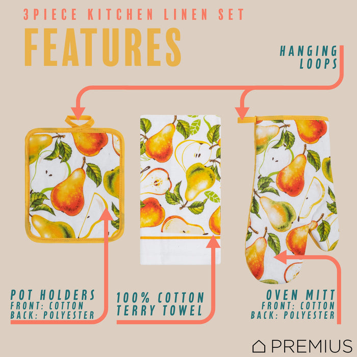 PREMIUS 3 Piece Printed Kitchen Linen Set, 1 Cotton Towel, 1 Pot Holder, 1 Oven Mitt