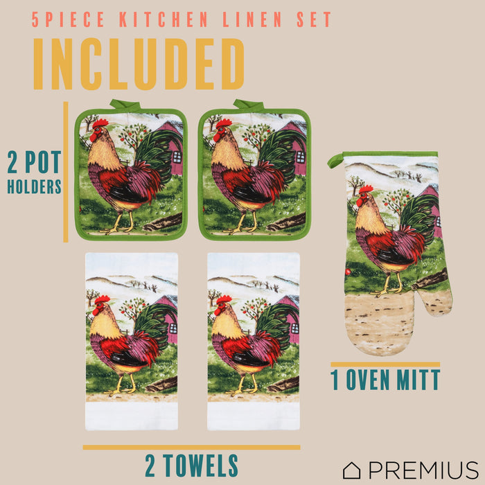 PREMIUS 5 Piece Printed Kitchen Linen Set, 2 Cotton Towels, 2 Pot Holders, 1 Oven Mitt