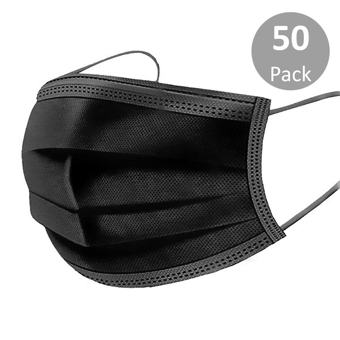 Premius Protective Disposable Face Mask, Elastic Band, Black, Metal Nose Wire, 50-Pack