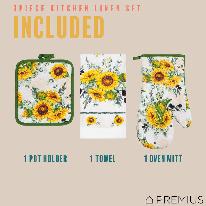 PREMIUS 3 Piece Printed Kitchen Linen Set, 1 Cotton Towel, 1 Pot Holder, 1 Oven Mitt