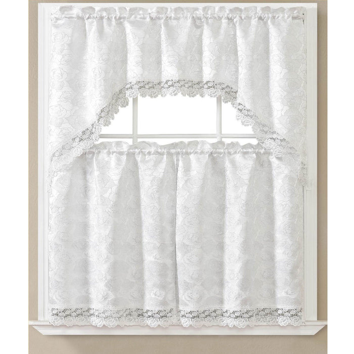 Sara 3 Piece Embroidered Kitchen Curtain Set, White-White, Swag 60x36, Tiers 30x36 Inches