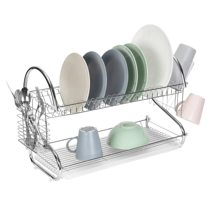 Premius 2-Tier S-Shape Dish Rack With Drainage Tray and Cutlery Holder, Chrome, 22x9.75x15 Inches