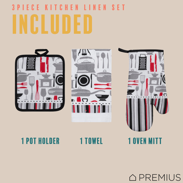 PREMIUS 3 Piece Printed Kitchen Linen Set, 1 Cotton Towel, 1 Pot Holder, 1 Oven Mitt