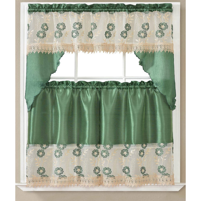 Raquel 3 Piece Embroidered Kitchen Curtain Set, Hunter Green, Swag 60x36, Tiers 30x36 Inches