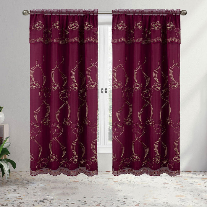 Amira Floral Embroidery Window Panel with Valance and Backing, 55x84 Inches