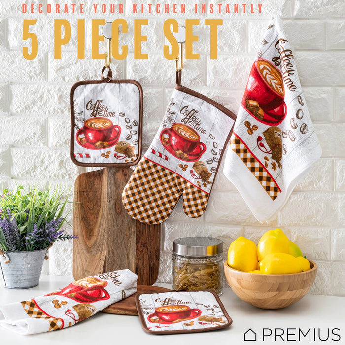 PREMIUS 5 Piece Printed Kitchen Linen Set, 2 Cotton Towels, 2 Pot Holders, 1 Oven Mitt