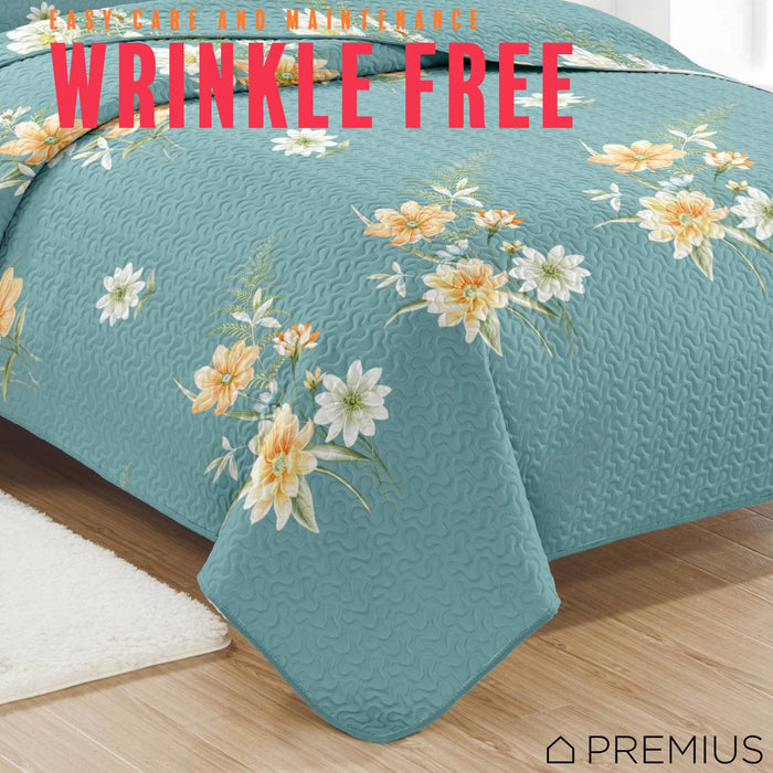PREMIUS Lucea 3 Piece Microfiber Wrinkle-Free Quilt Set, Soft Blue