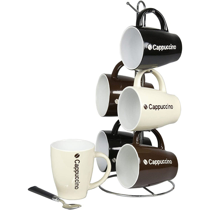 Home Basics 6-Piece Ceramic Mug Set With Stand, Cappuccino