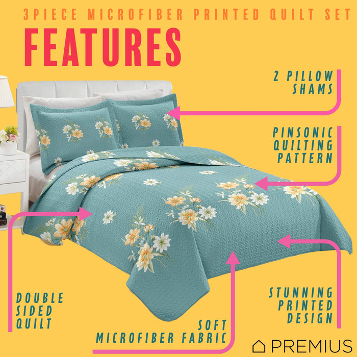 PREMIUS Lucea 3 Piece Microfiber Wrinkle-Free Quilt Set, Soft Blue