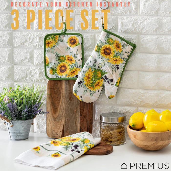 PREMIUS 3 Piece Printed Kitchen Linen Set, 1 Cotton Towel, 1 Pot Holder, 1 Oven Mitt