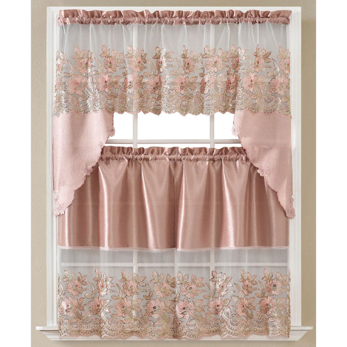 Phoebe Sequin Embroidered Kitchen Curtain Set, Swag 60x36, Tiers 30x36 Inches